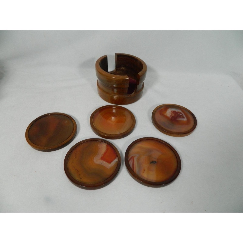 Vintage Brazilian Agate Coasters Set of 5 Wood Holder Natural Stone Geode MCM